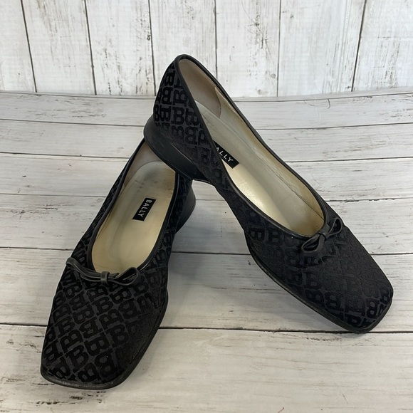 Bally Takawa Black Fabric Logo Pattern Bow Square Toe Flat - Picture 4 of 14